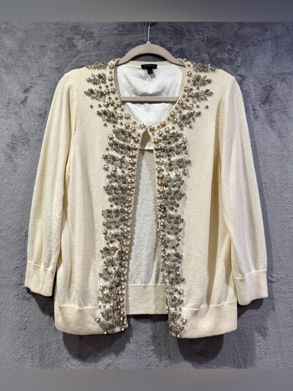 Talbots‎ Cream Lambswool Blend Silver Beaded Bejeweled Cardigan Sweater Size L